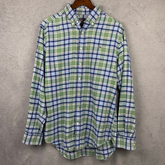 Vineyard Vines Mens Slim Fit Whale Button Down Shirt SZ M Green Blue Plaid - Picture 1 of 7
